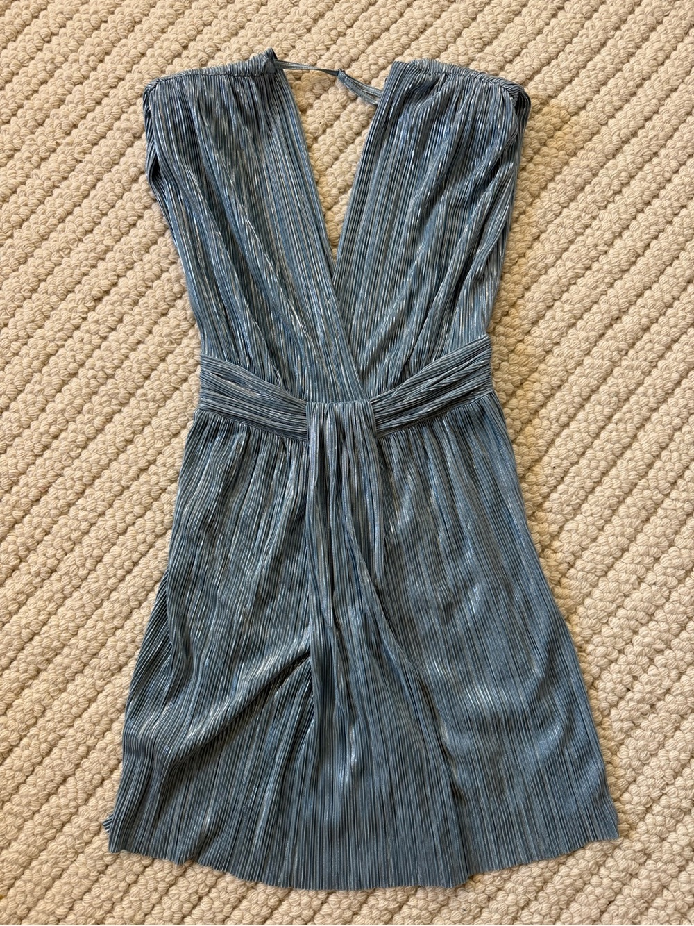 Sabina Musayev Sleeveless Plissé Deep V Mini Dress with shoulder pads-Steel Blue